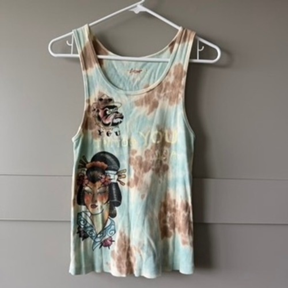 Vigoss Tattoo You Tank Top Womens M Tie Dye Geisha Skull Tattoo Graphic Y2K